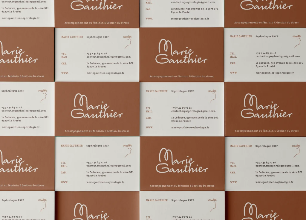 Cartes de visite de Marie Gauthier, identité visuelle de sophrologue
