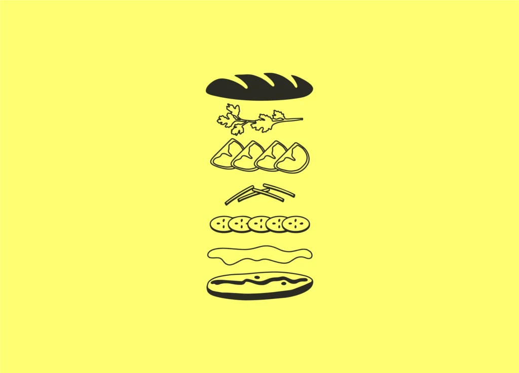 Illustration d'un banh mi décomposé, identité visuelle de food truck Maison Lê
